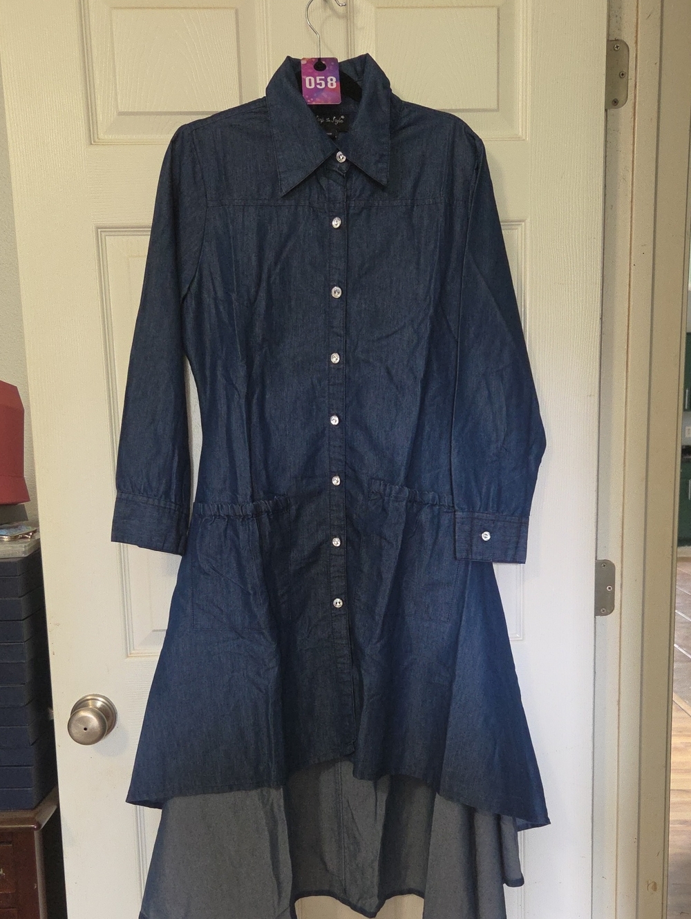 Button-Front Dark Blue Denim High-Low Shirt Dress